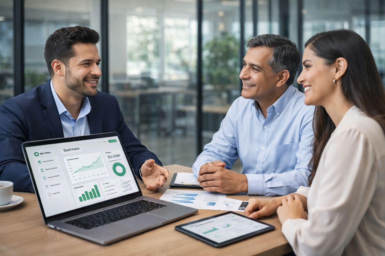 Reunión comercial profesional entre Greensoft y clientes
